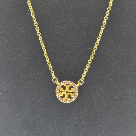 NEW Tory Burch Miller Pave Logo Delicate Necklace Gold Pink Crystal 18K Gold - Picture 3 of 7